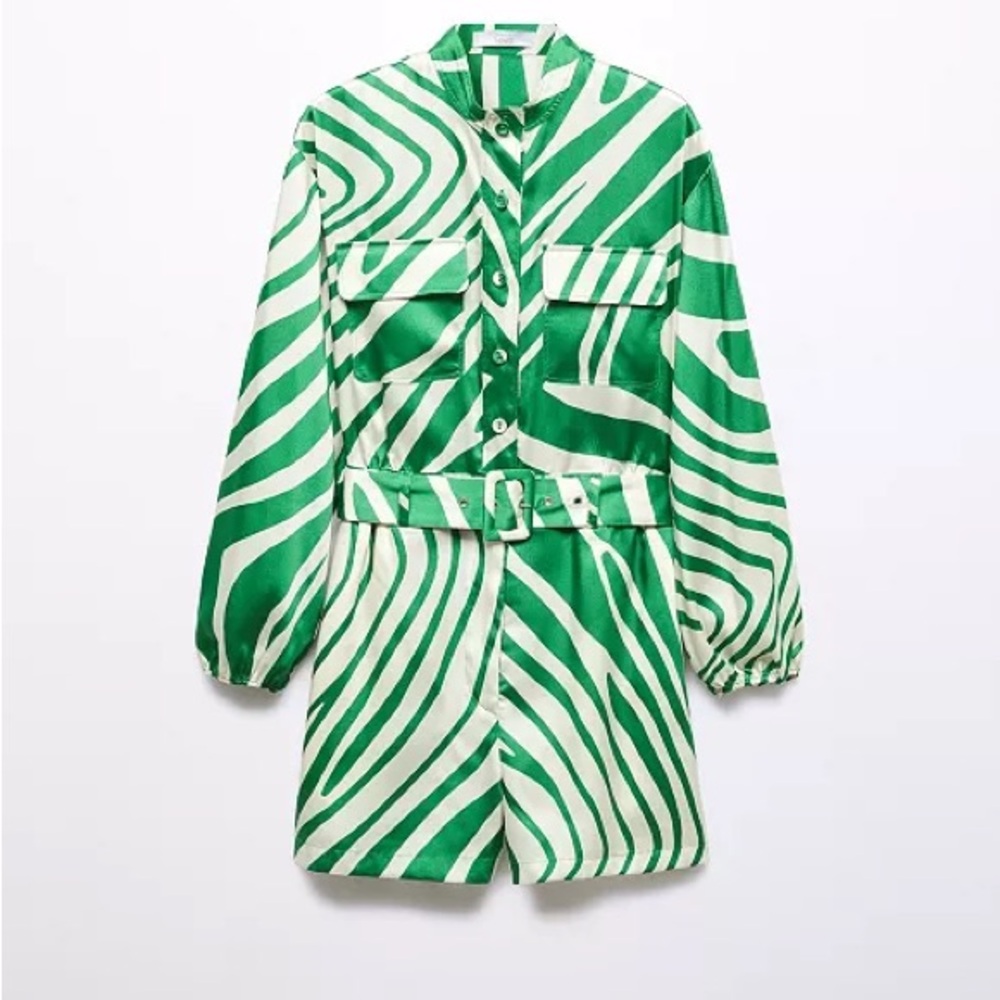 🪩 Mango MNG Women's Belt Detail Satin Jumpsuit in Green & Ivy Size 12